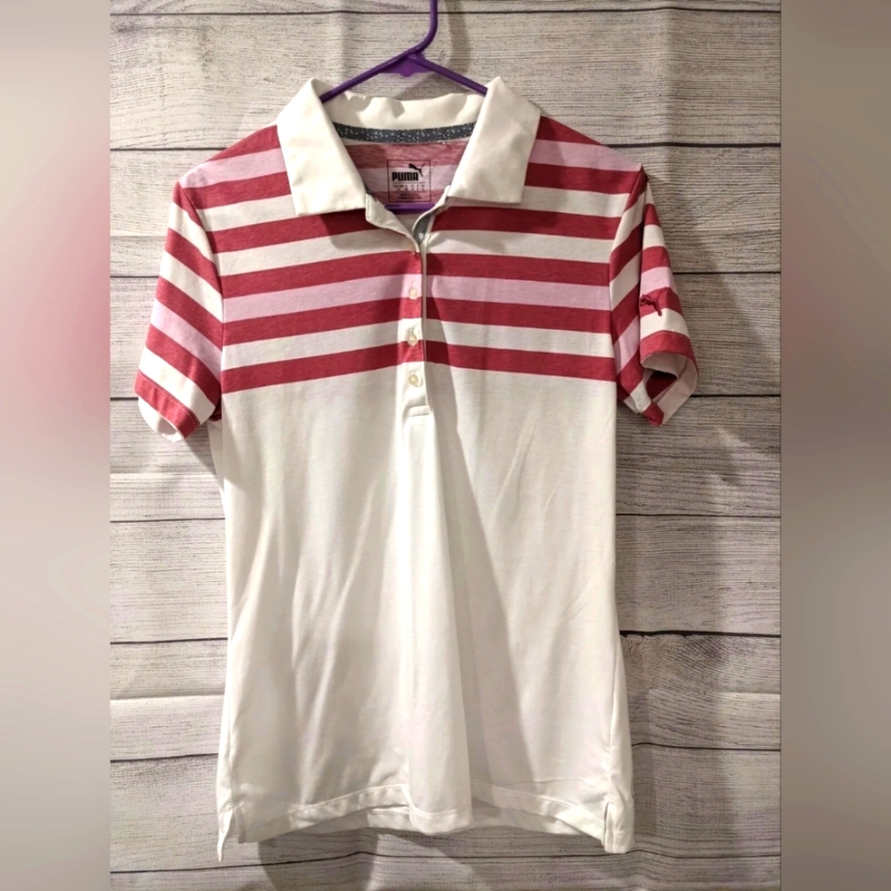 Puma Women's Short Sleeve Polo Dry Shell Shirt - Pink/White - Size Large
